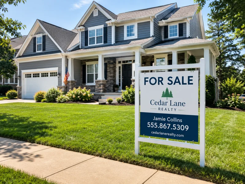For sale yard sign installed on the front lawn of a house